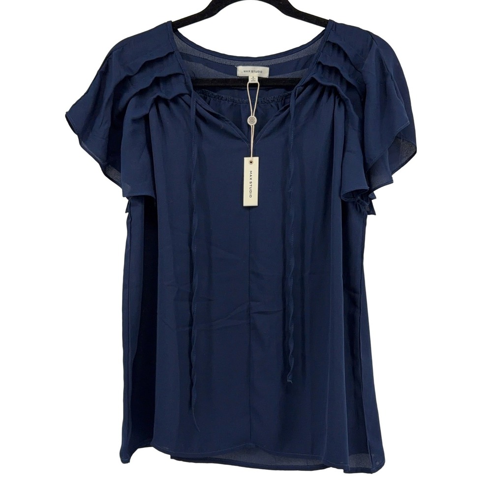 MAX STUDIO Ruffle Pleated Keyhole Tie Blouse S Navy Blue Flutter Sleeve